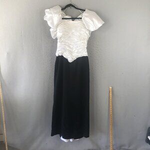 Vintage Maurice's Dress Womens 8 Black White Formal Puff Sleeve Bow Gown 80s USA